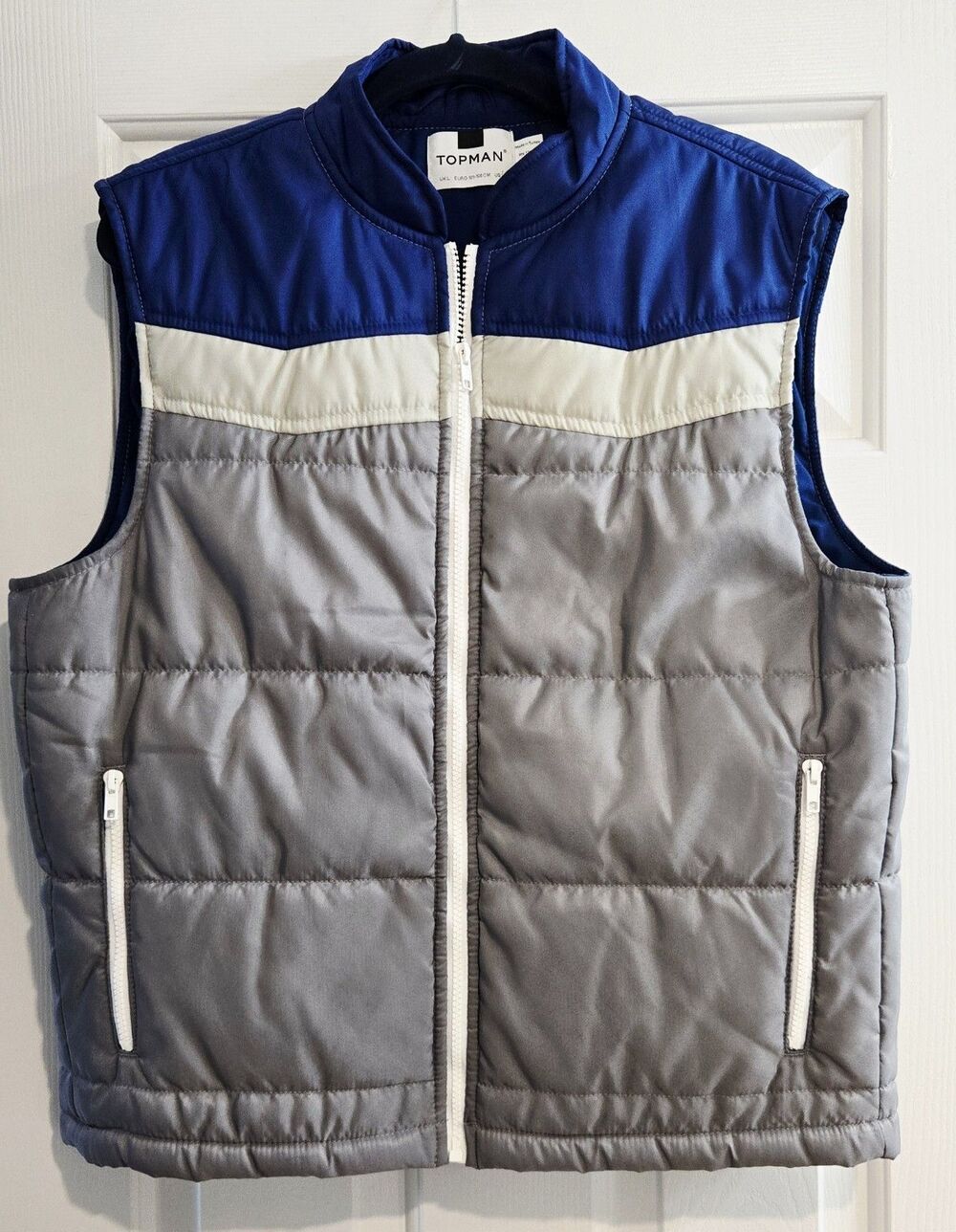 TOPMAN Mens Colorblock Puffer Vest Large Blue Gray Puffy Gorpcore Retro Y2K 80s